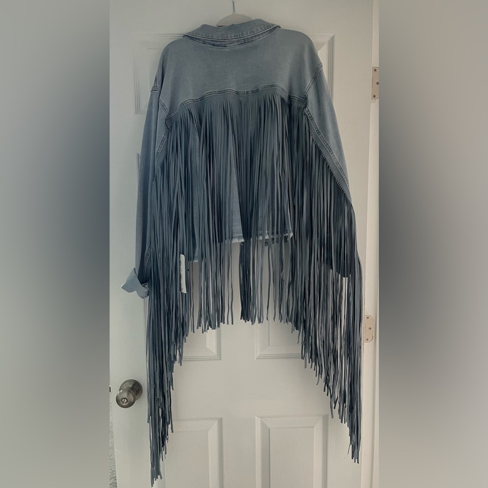 Fashion to Figure Light Blue Fringe Denim Trucker Jacket - Picture 4 of 8